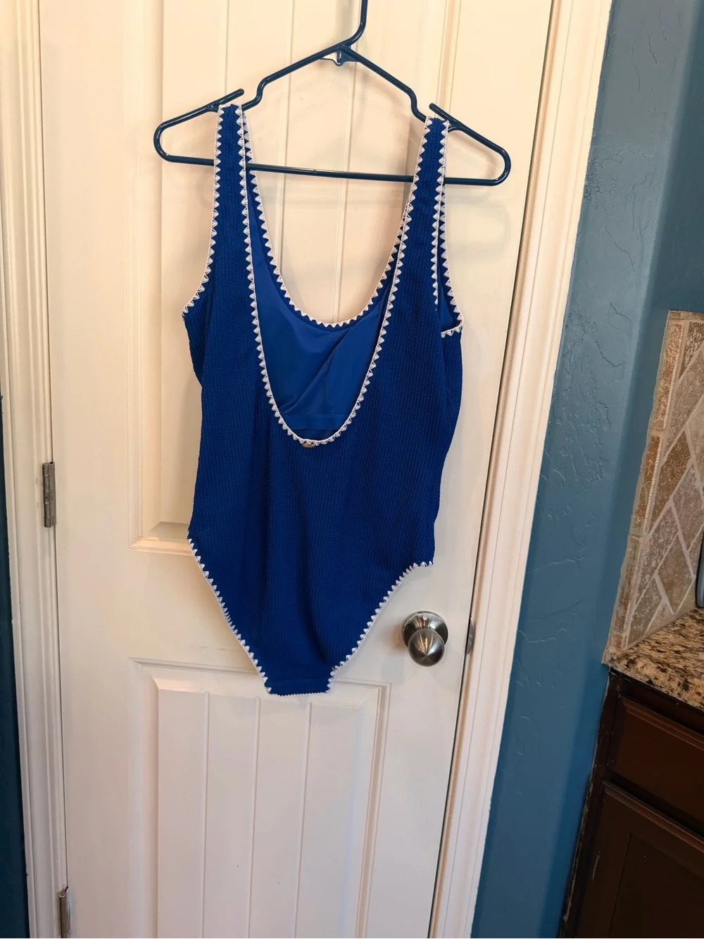 Betsey Johnson Women XL Blue One Piece Swimsuit White Crochet Trim UPF 50+